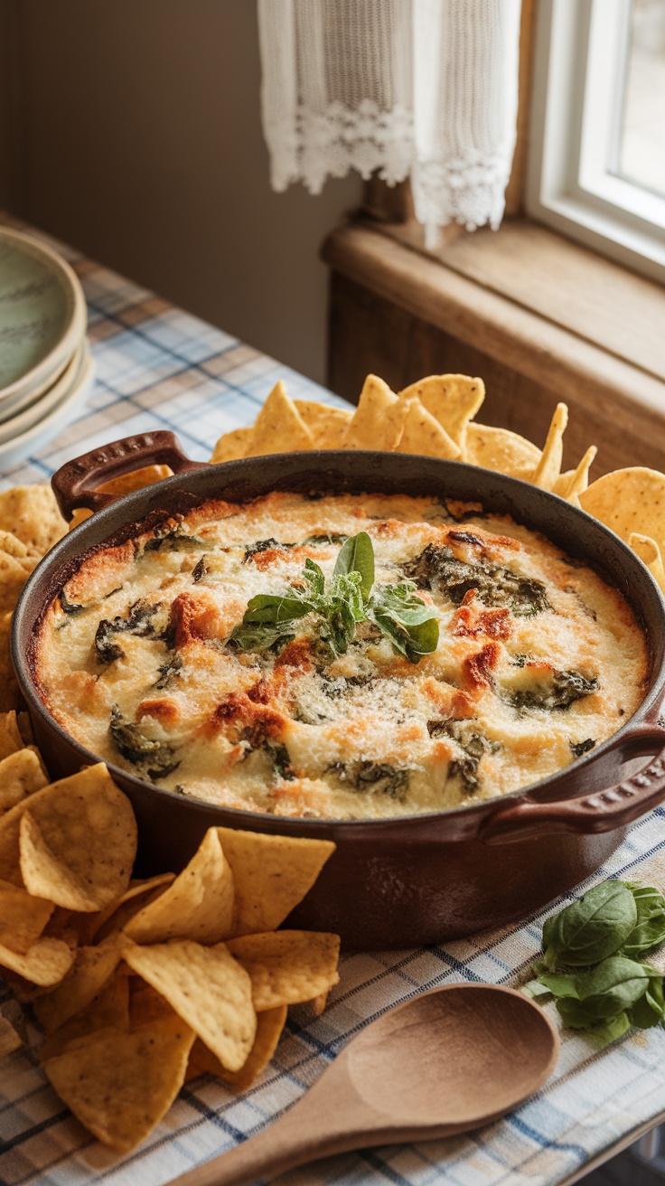A cheesy spinach artichoke dip in a baking dish with tortilla chips on the side, garnished with herbs.